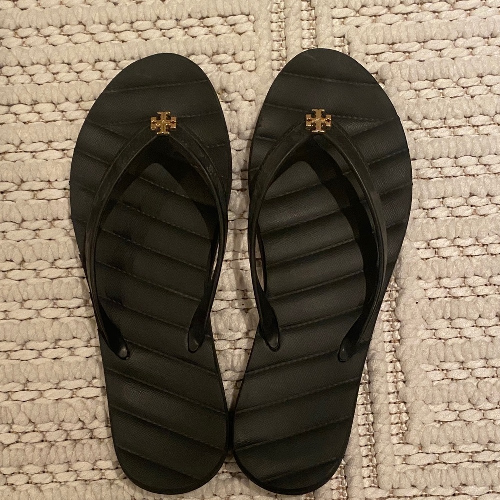 Tory Burch Black Sandals with Gold Logo